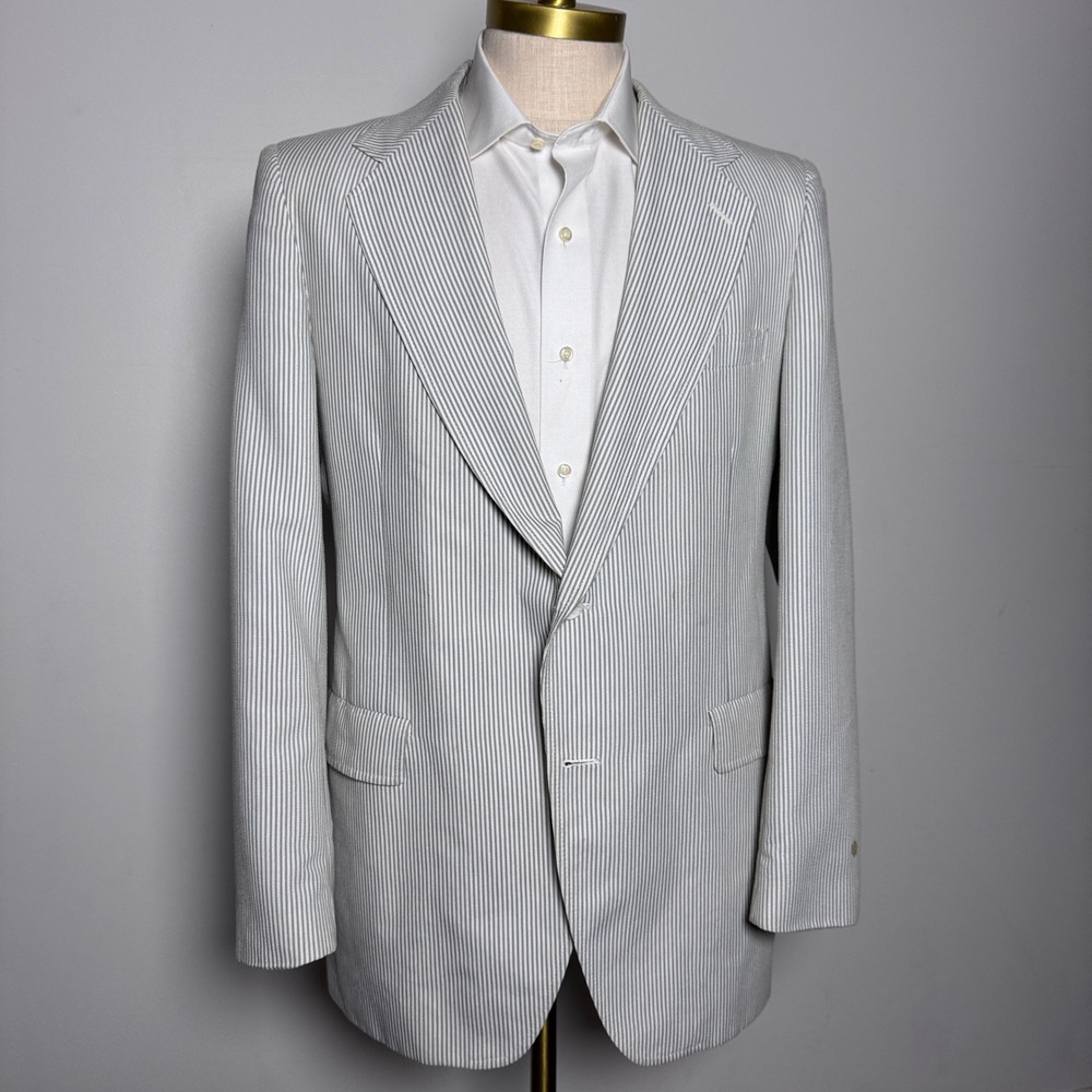 Kuppenheimer Blazer Mens 40R White Blue Striped Seersucker Vintage 2-Button‎ USA